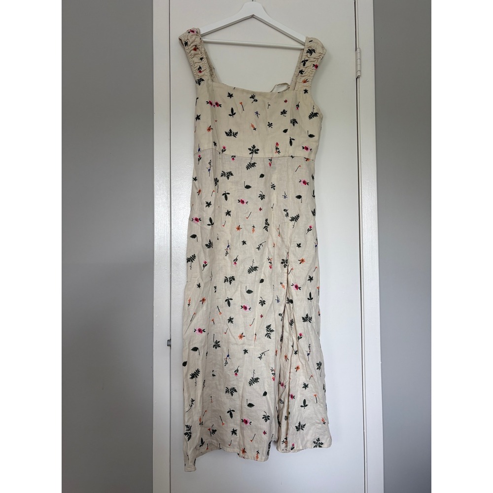 Zara Midi Dress XL Cream Floral Embroidered Linen Flower Lace Up Back Slit Boho - Picture 2 of 8